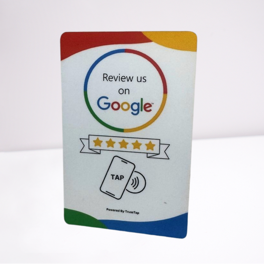 Image of NFC Review Cards from Truss Tap, the size of a business card, featuring sleek, modern design and NFC technology to collect Google reviews effortlessly.